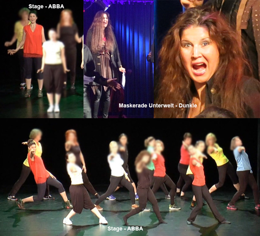 Collage aus Bühnenauftritten – Tanzperformance zu ABBA und Theaterszene aus „Maskerade Unterwelt“
